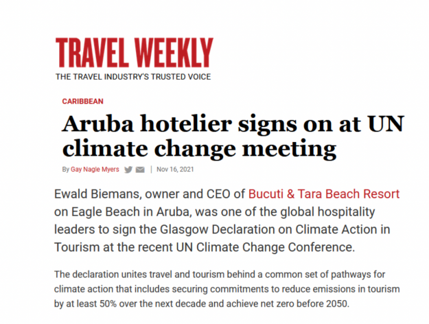 Aruba Hotelier Invited as Launch Signatory for Glasgow Declaration